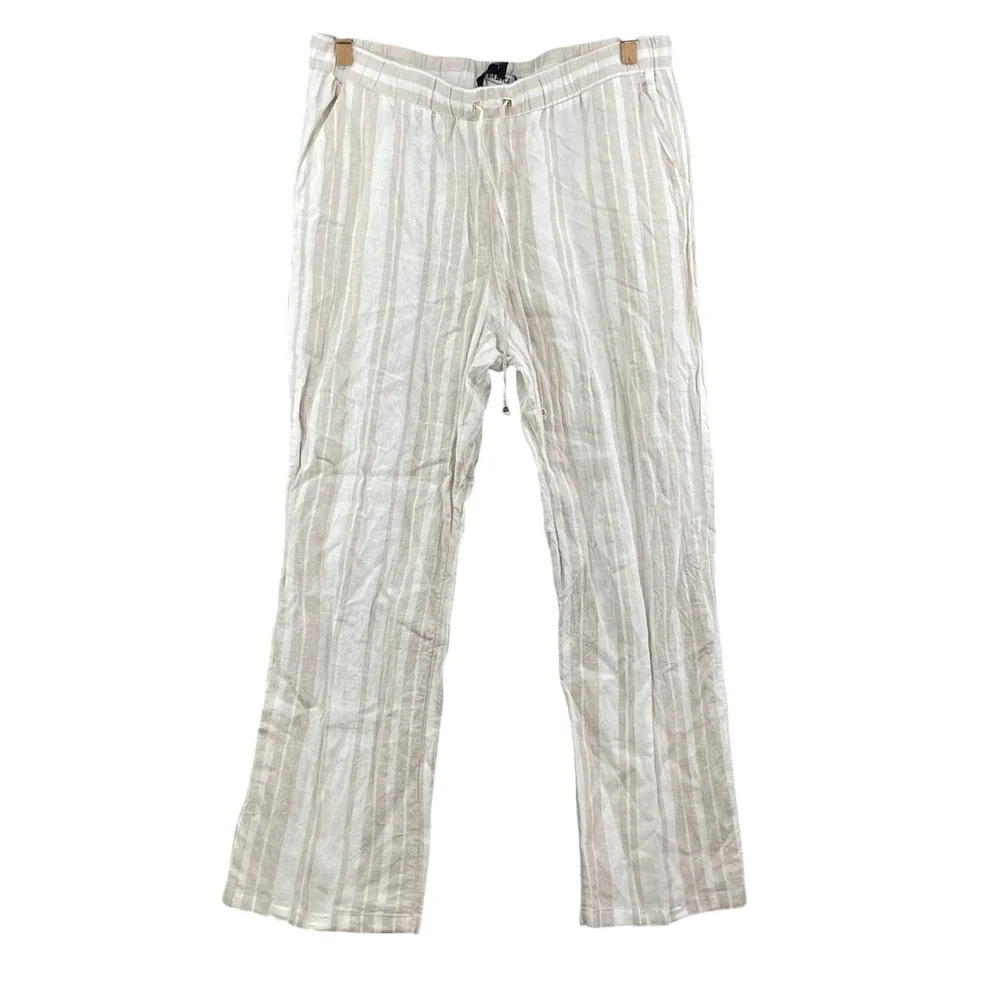 H&M‎ Linen Blend Pants Womens Large Tan White Striped Drawstring Straight Boho